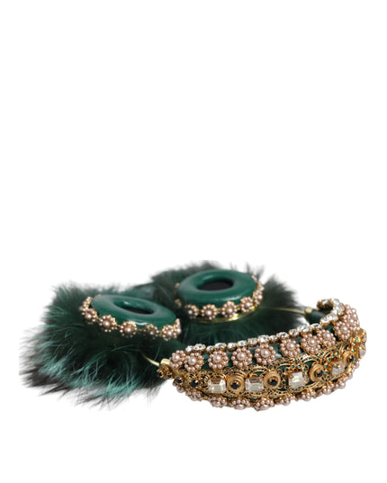 Dolce & Gabbana Green Gold Crystal Fur Headset Audio AUX Headphones