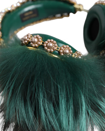 Dolce & Gabbana Green Gold Crystal Fur Headset Audio AUX Headphones