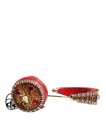 Dolce & Gabbana Red Nappa Leather Floral Crystal Headphone