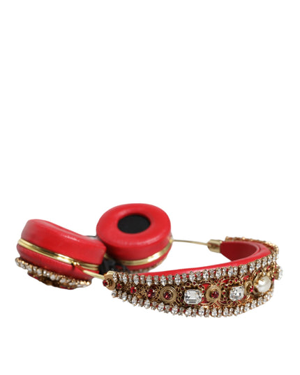 Dolce & Gabbana Red Nappa Leather Floral Crystal Headphone