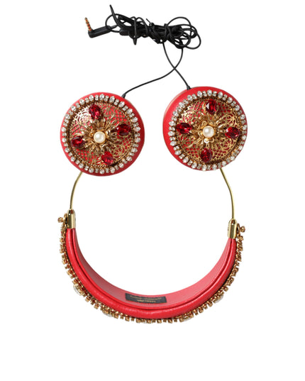 Dolce & Gabbana Red Nappa Leather Floral Crystal Headphone