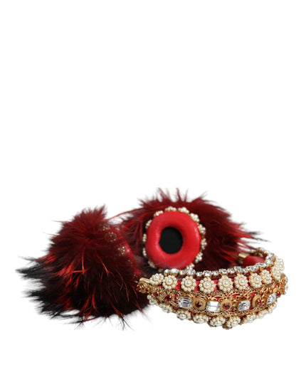 Dolce & Gabbana Red Gold Crystal Fur Headset Audio AUX Headphones
