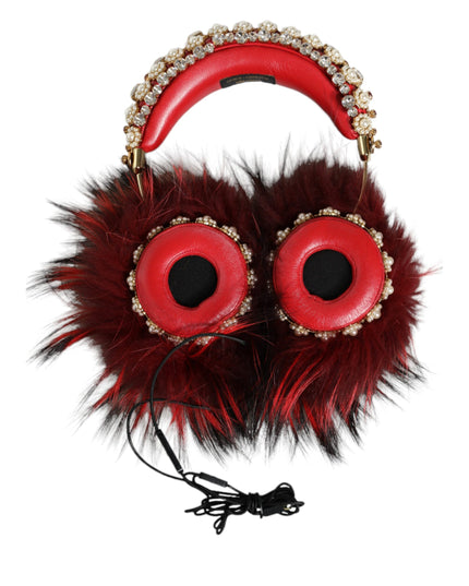 Dolce & Gabbana Red Gold Crystal Fur Headset Audio AUX Headphones