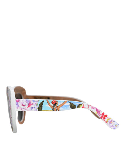 Dolce & Gabbana Multicolor Wood Crystal Brass Frame Floral Hand Paint Sunglasses