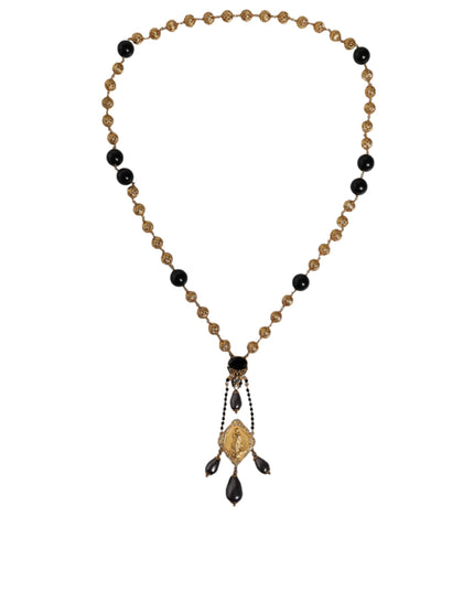 Dolce & Gabbana Gold Chain Brass Black Beaded Rosary Style Necklace
