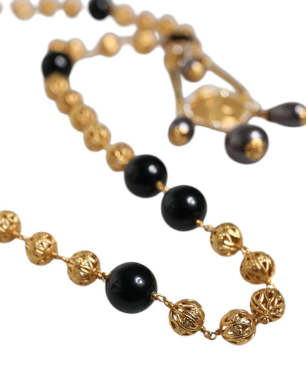 Dolce & Gabbana Gold Chain Brass Black Beaded Rosary Style Necklace