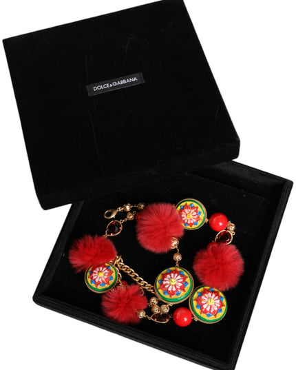 Dolce & Gabbana Gold Brass Red Fur Crystal Waist Torero Belt