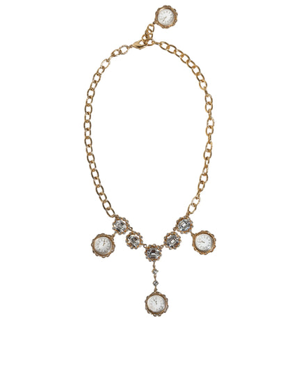 Dolce & Gabbana Gold Chain Brass Crystal Clock Statement Necklace