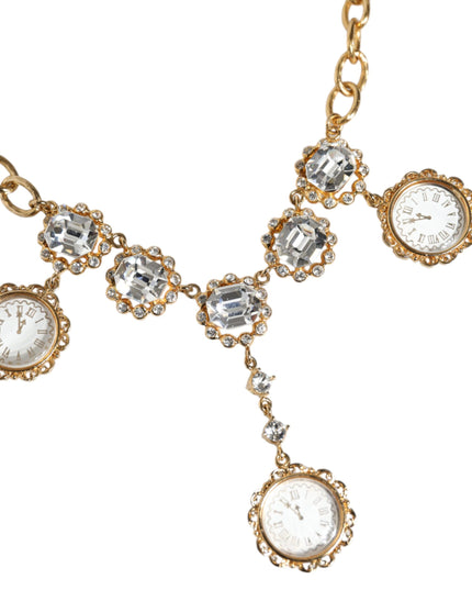 Dolce & Gabbana Gold Chain Brass Crystal Clock Statement Necklace