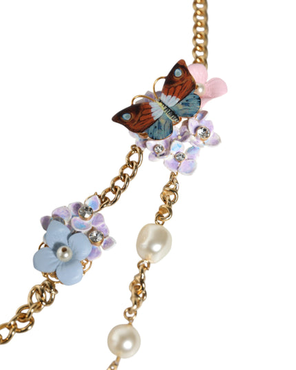 Dolce & Gabbana Gold Chain Brass Floral Layered Crystal Pearl Necklace