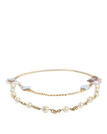 Dolce & Gabbana Gold Chain Brass Floral Layered Crystal Pearl Necklace