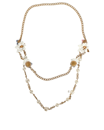 Dolce & Gabbana Gold Chain Brass Floral Layered Crystal Pearl Necklace