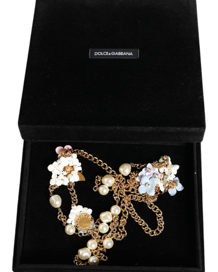 Dolce & Gabbana Gold Chain Brass Floral Layered Crystal Pearl Necklace