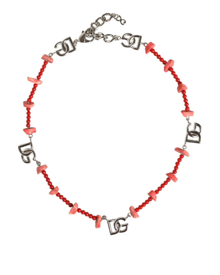 Dolce & Gabbana Silver Tone Brass Beaded Resin DG Logo Chain Necklace