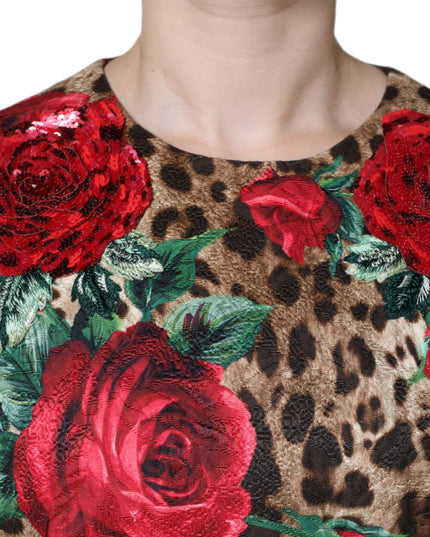 Dolce & Gabbana Brown Leopard Red Roses Cotton A-line Dress