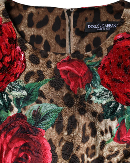 Dolce & Gabbana Brown Leopard Red Roses Cotton A-line Dress
