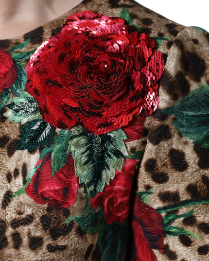 Dolce & Gabbana Brown Leopard Red Roses Cotton A-line Dress