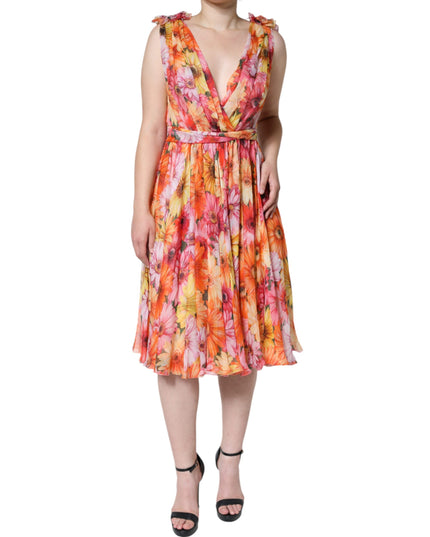 Dolce & Gabbana Multicolor Floral Sleeveless V-neck Midi Dress