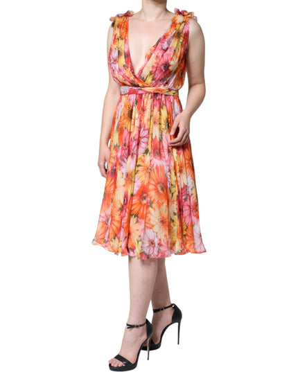 Dolce & Gabbana Multicolor Floral Sleeveless V-neck Midi Dress