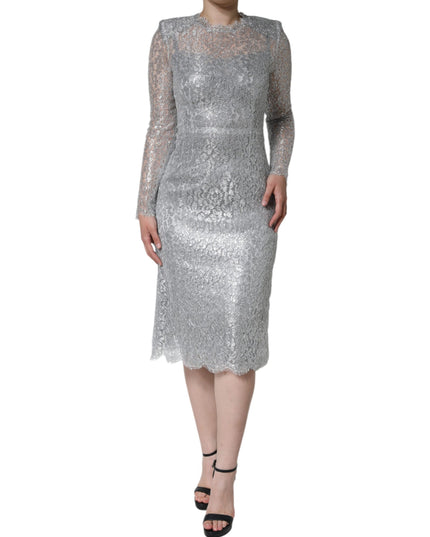 Dolce & Gabbana Silver Floral Lace Bodycon Sheath Midi Dress