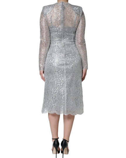 Dolce & Gabbana Silver Floral Lace Bodycon Sheath Midi Dress