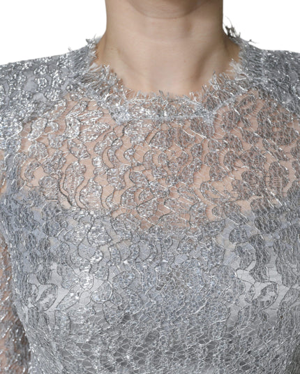 Dolce & Gabbana Silver Floral Lace Bodycon Sheath Midi Dress