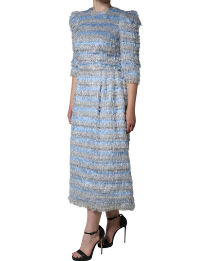 Dolce & Gabbana Light Blue Silver Jacquard A-line Midi Dress