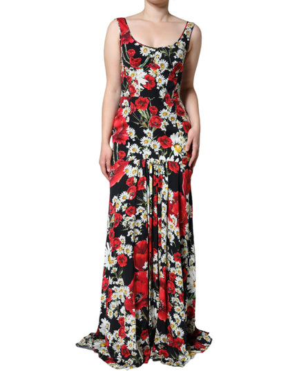 Dolce & Gabbana Black Floral Silk Sleeveless Long Gown Dress