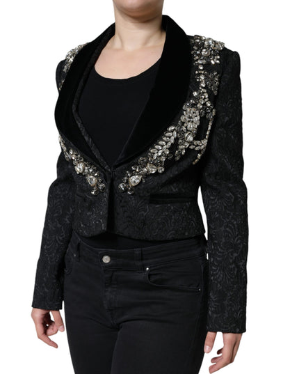 Dolce & Gabbana Black Jacquard Crystal Floral Jacket Blazer
