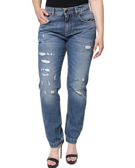Dolce & Gabbana Blue Cotton Tattered Boyfriend Denim Jeans