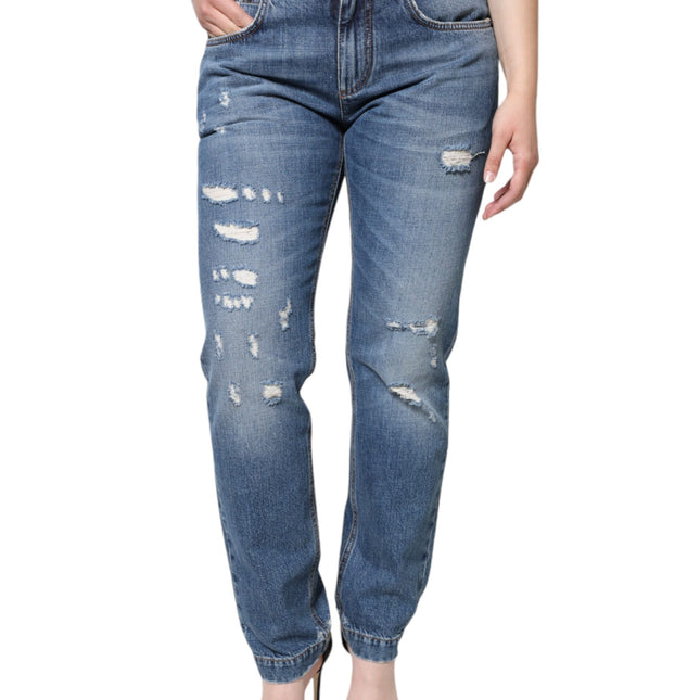 Dolce & Gabbana Blue Cotton Tattered Boyfriend Denim Jeans