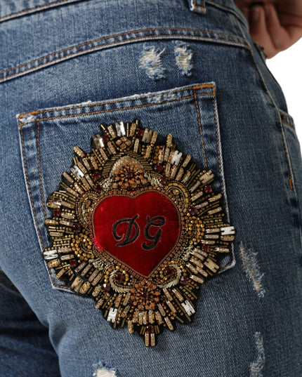 Dolce & Gabbana Blue Cotton Tattered Boyfriend Denim Jeans