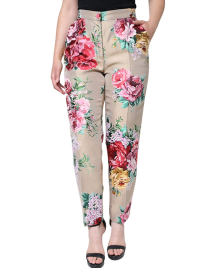 Dolce & Gabbana Beige Floral Jacquard High Waist Tapered Pants