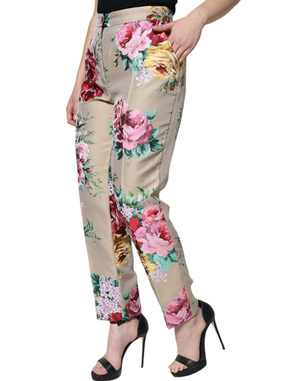 Dolce & Gabbana Beige Floral Jacquard High Waist Tapered Pants