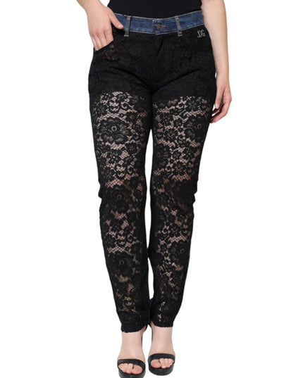 Dolce & Gabbana Black Floral Lace Front Skinny Denim Jeans