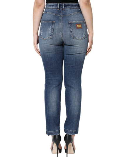 Dolce & Gabbana Dark Blue Cotton Tattered Skinny Denim Jeans