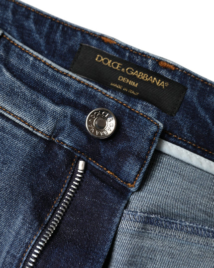 Dolce & Gabbana Dark Blue Cotton Tattered Skinny Denim Jeans