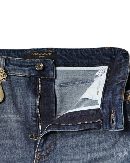 Dolce & Gabbana Dark Blue Cotton Tattered Skinny Denim Jeans