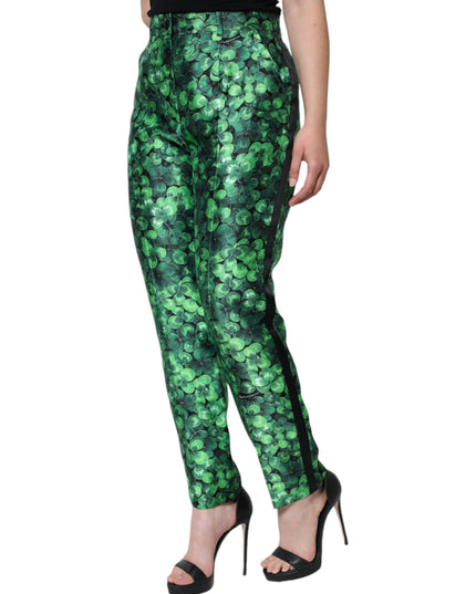 Dolce & Gabbana Green Clover Silk Satin High Waist Tapered Pants