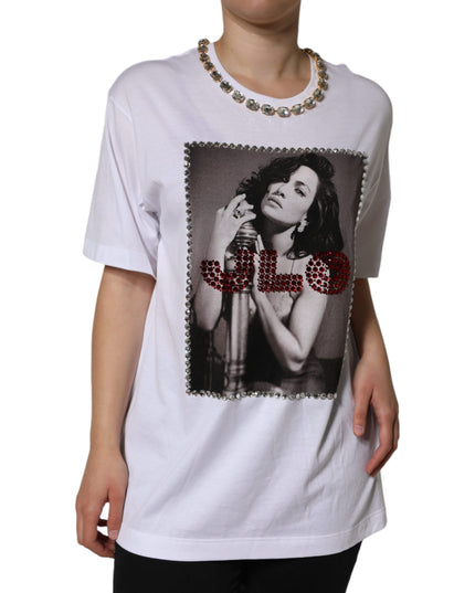 Dolce & Gabbana White Crystal Neckline Embellished Printed T-shirt