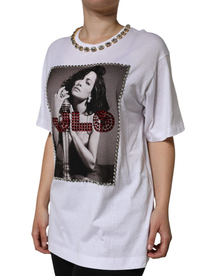 Dolce & Gabbana White Crystal Neckline Embellished Printed T-shirt