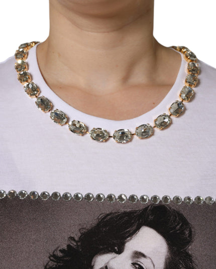 Dolce & Gabbana White Crystal Neckline Embellished Printed T-shirt