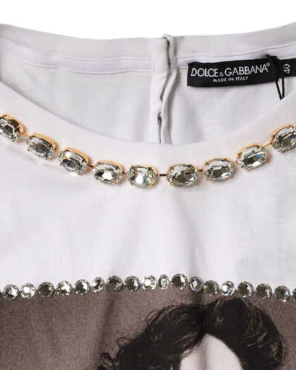 Dolce & Gabbana White Crystal Neckline Embellished Printed T-shirt