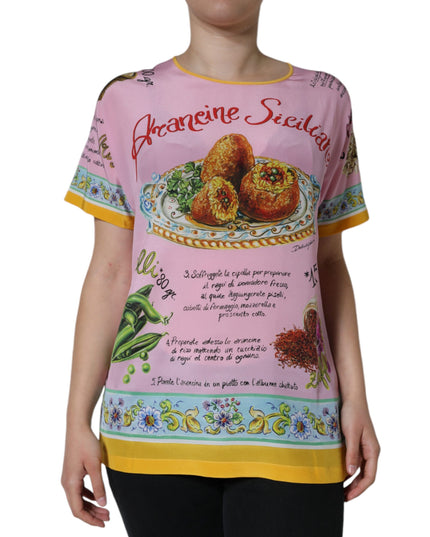 Dolce & Gabbana Pink Silk Araneine Siciliana Print Short Sleeves Top