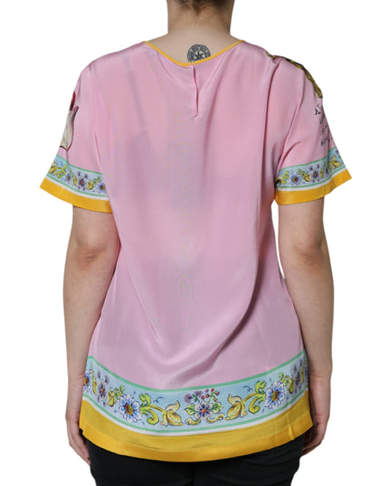 Dolce & Gabbana Pink Silk Araneine Siciliana Print Short Sleeves Top