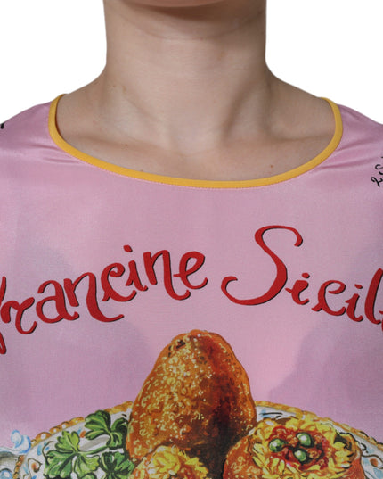 Dolce & Gabbana Pink Silk Araneine Siciliana Print Short Sleeves Top