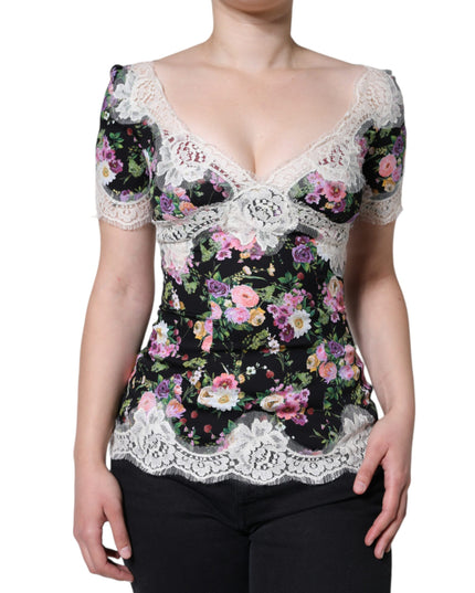Dolce & Gabbana Black Floral Lace Short Sleeves Blouse Top
