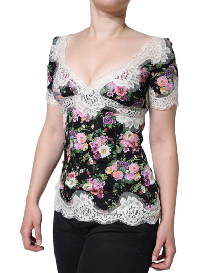 Dolce & Gabbana Black Floral Lace Short Sleeves Blouse Top