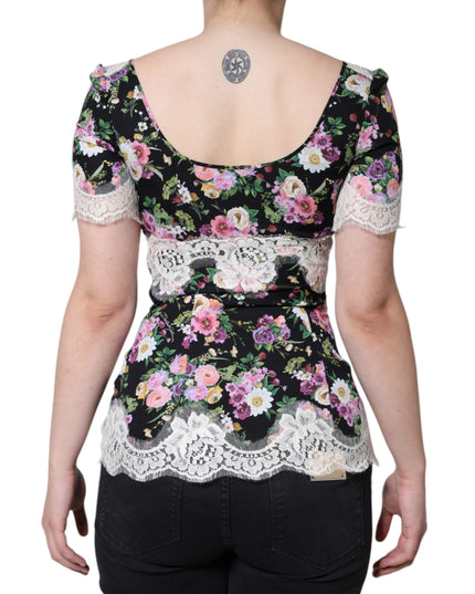 Dolce & Gabbana Black Floral Lace Short Sleeves Blouse Top