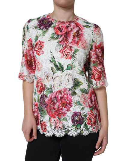 Dolce & Gabbana White Peony Lace Short Sleeves Blouse Top